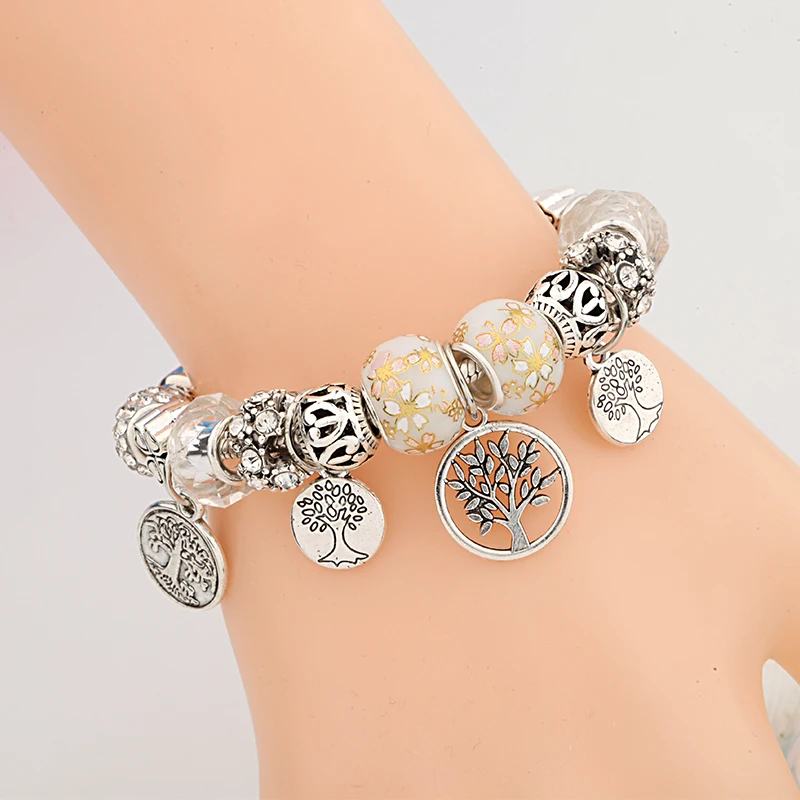 Leabyl Casual Ceramic White Crystal DIY Bead Bracelets& Bangles Silver Flower Leaf Handmade Jewelry Bracelet Gift for Wedding