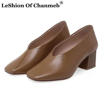 

Soft Cow Leather Women Pumps Zapatos de Mujer Ladies Women Thick High Heels Square Toe Party Basic Shoes for Spring Autumn 2020