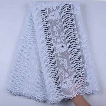

Pure White French Guipure Cord Lace Fabrics 5 Yard Meh Water Soluble Lace Fabrics With Stones For Wedding Sewing Dress F1694