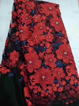 

High Quality African Beaded Lace Fabric Net 2020 Red Black Gold French Lace Fabric Tulle Nigerian Lace Fabrics Wedding Dress
