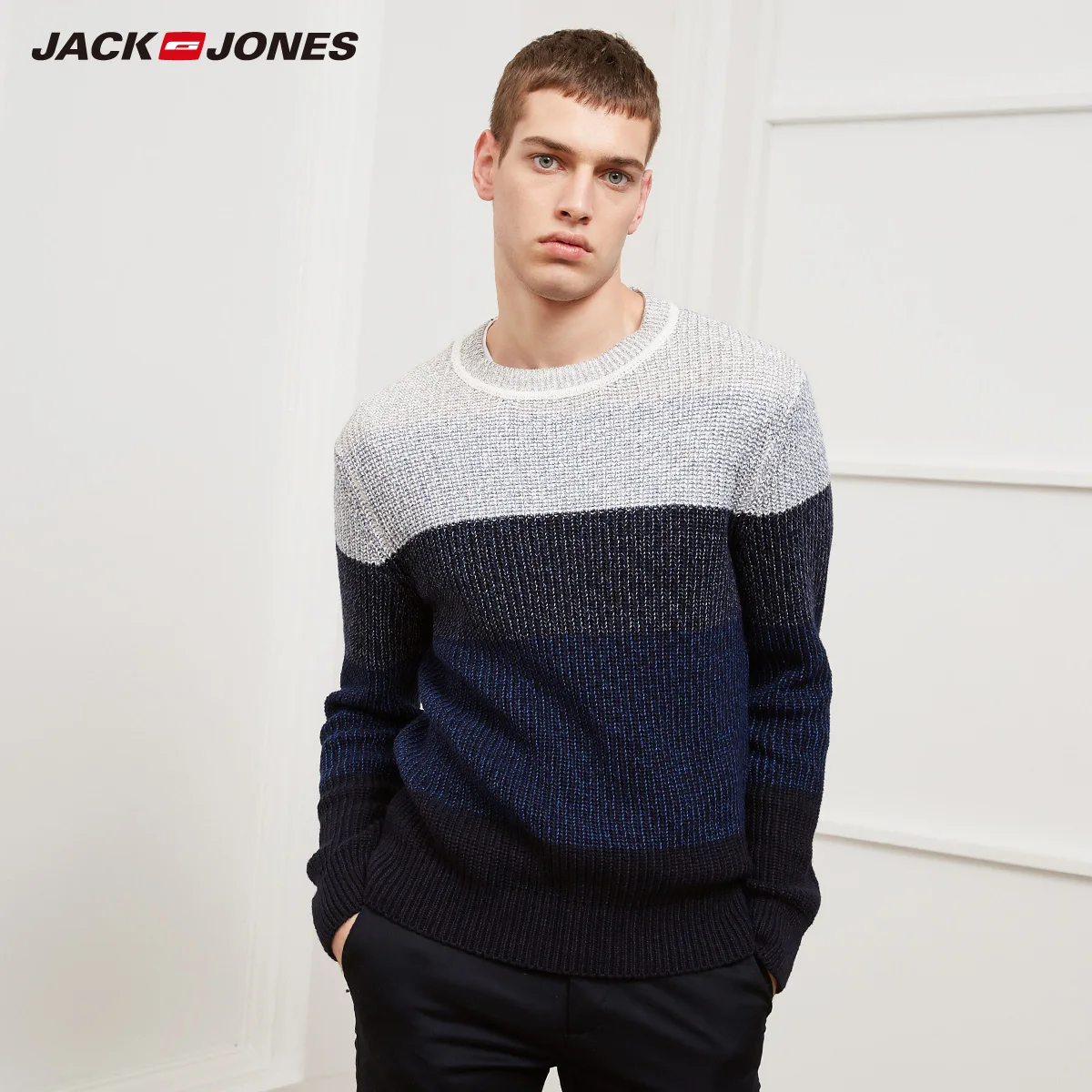 MIDNIGHT JackJones осенне-зимний мужской кашемировый свитер с круглым вырезом в полоску | 218425504 - Цвет: MIDNIGHT