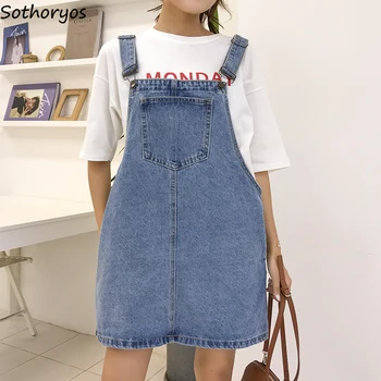 

Dress Women Simple Solid Elegant Korean Denim All-match Womens Summer Students Streetwear Female Harajuku Pockets Large Size