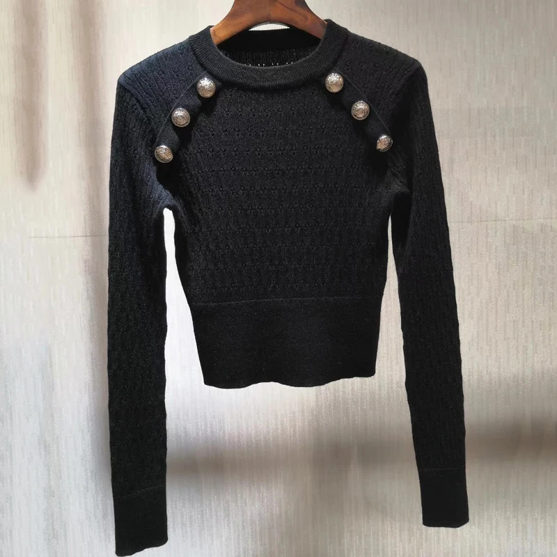 Осенний женский пуловер свитер в повседневном стиле, модный вязаный женский короткий свитер с круглым вырезом и длинными рукавами на пуговицах - Цвет: Черный