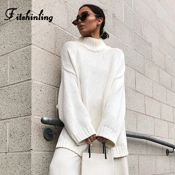 

Fitshinling Winter 2019 Women Sweaters And Pullovers Knitwear Solid White Long Jumper Casual Boho Turtleneck Basic Pull Femme