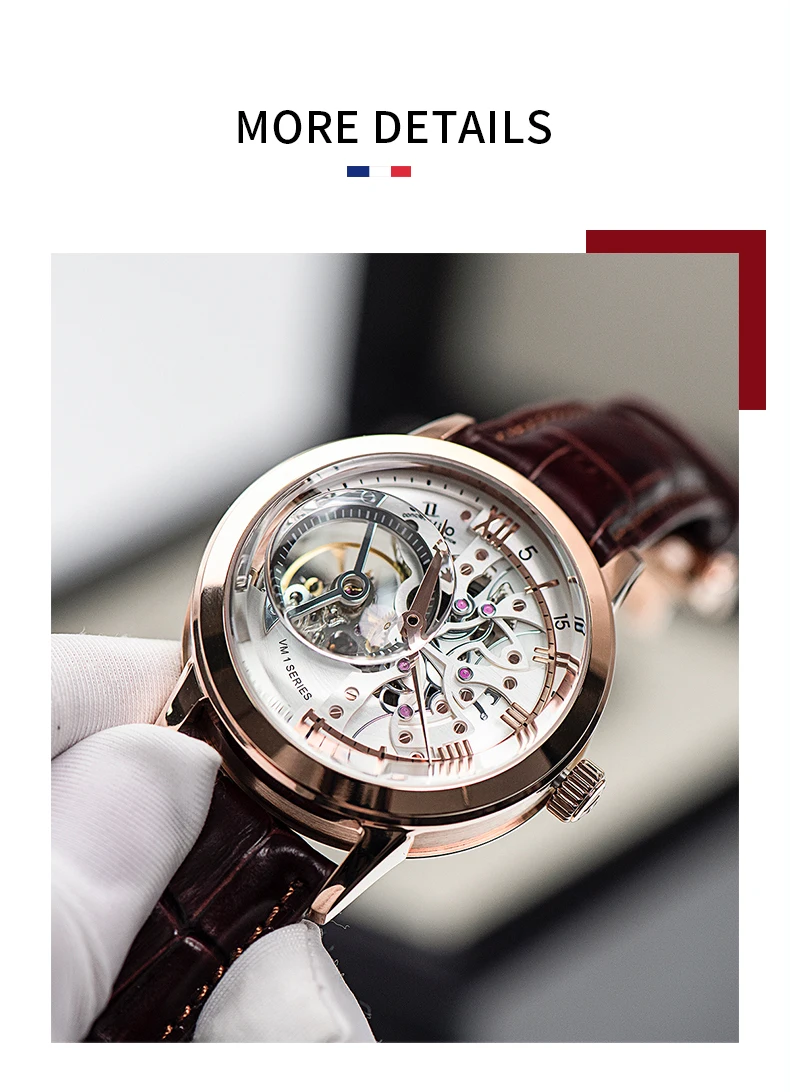 OBLVLO Luxury Retro Casual Men Skeleton Automatic Watches Mechanical Calfskin Strap Mineral Crystal Glass Waterproof Clock VM