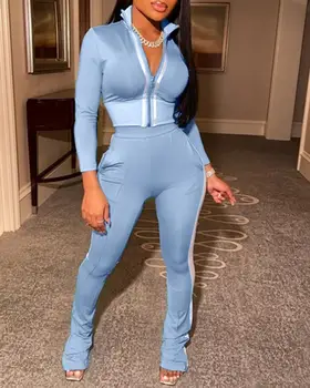 

2020 Women Fashion Casual Two-Piece Set Suits Set Sportwear Striped Tape Zipper Coat & Pants Set