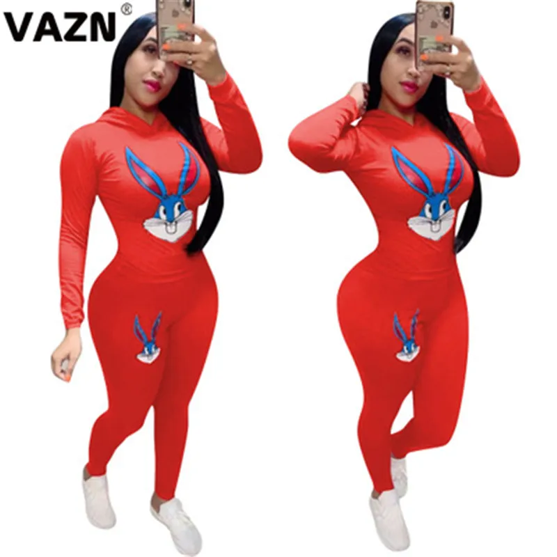 VAZN WYNZ8225 Autumn New Cut Rabbit Print Sportwears Suit Soft Casual Full Sleeve Top Long Pants Tracksuits Women 2 Piece Set |