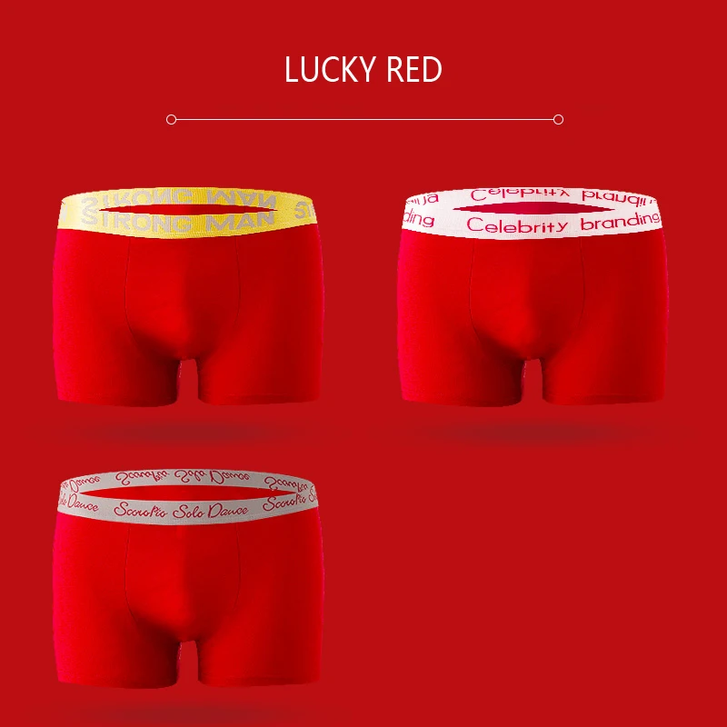 Boxers 4Pcs/lot Male Panties Cotton Luck Red Men's Underwear Boxers Breathable Man Solid Underpants Fashion Comfortable Shorts 4