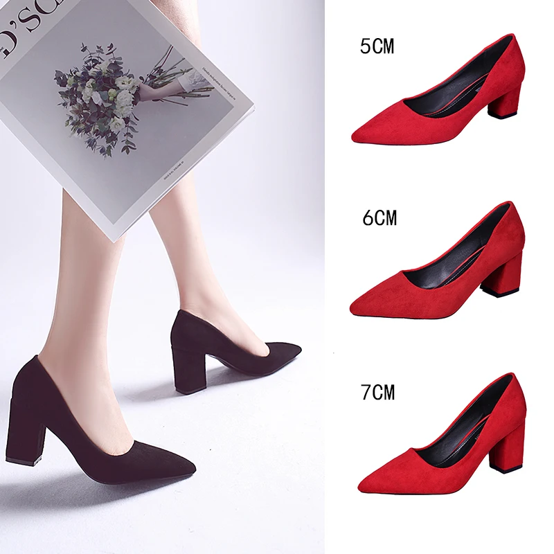 

Hot Sale Women Pumps High Heels Shoes Suede Square Heels Pointed Toe Comfortable Dress Shoes Woman Sexy Party Wedding Shoes XLY