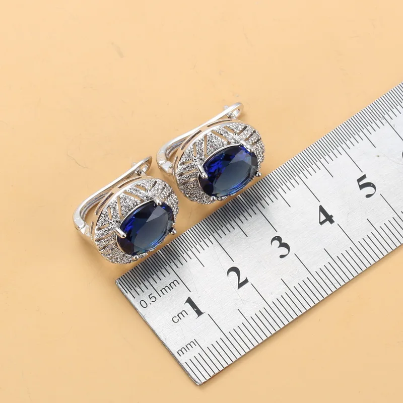 Bridal Wedding Jewelry Accessories Natural CZ Blue 925 Silver Dangle Clip Earrings And Ring Set For Women Gift