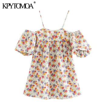 

KKPYTOMOA Women 2020 Fashion Floral Print Mini Dress Vintage Short Sleeve Back Zipper Spaghetti Strap Female Dresses Vestidos