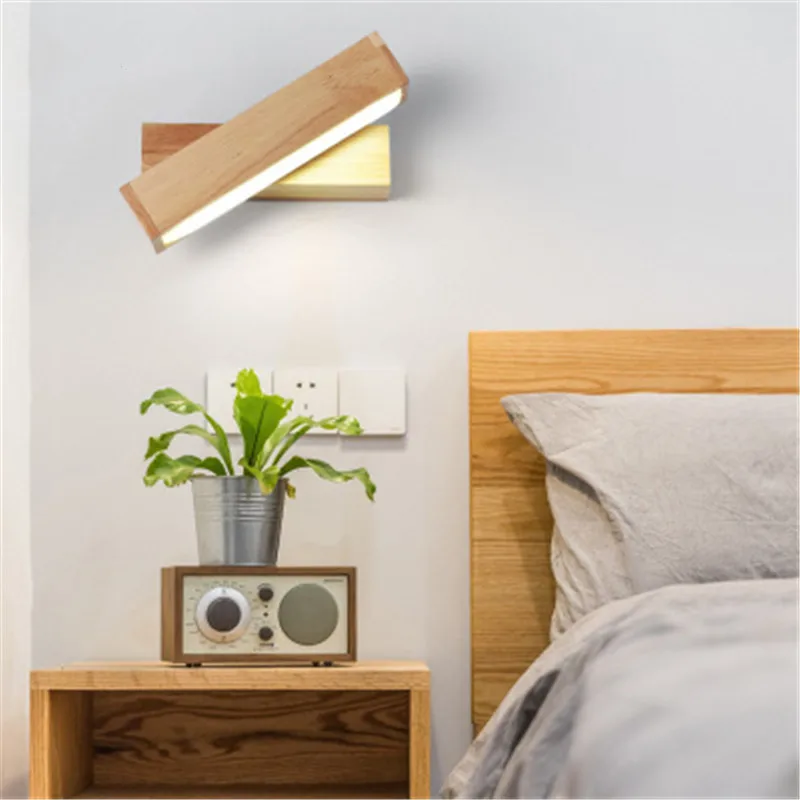 

Japanese-Style Wood Color Bedroom Bedside Wall Lamp Modern Minimalist Living Room Creative Corridor Rotating LED Wall Lamp