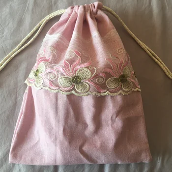 

1pc Cotton Linen Drawstring Eco Organized Pouch Party Gift Bag Embroidered Trim Pink YL320F