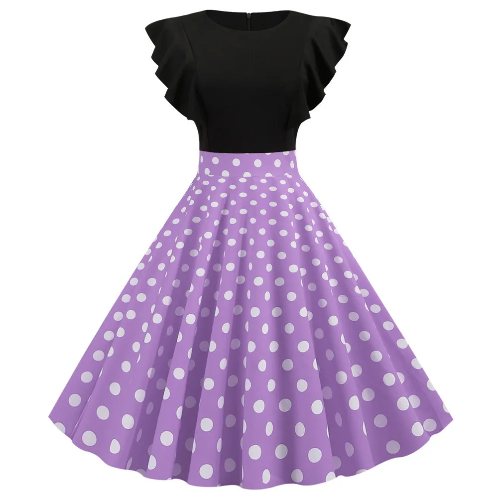

Robe Femme 2019 Women Summer White Dot Dress O-neck Petal Sleeves Vintage Rockabilly Pinup Swing Office Dress Knee-length
