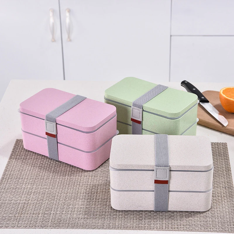 

1200ml Double Layer Wheat Straw Lunch Box Microwave Safe with Chopsticks Spoon VJ-Drop