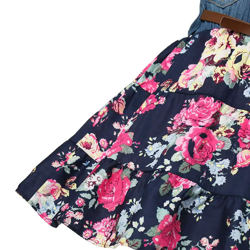 Girls Denim Floral Dress Summer Party Dress with Belt