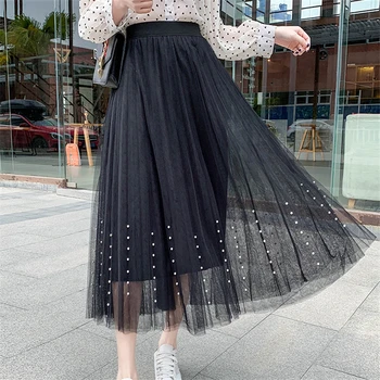 

Elegant Beading Pleated Skirt Solid Women High Waist Fashion Ankle Knee Length Ladies Skirts Spring Casual Mesh Midi Skirt