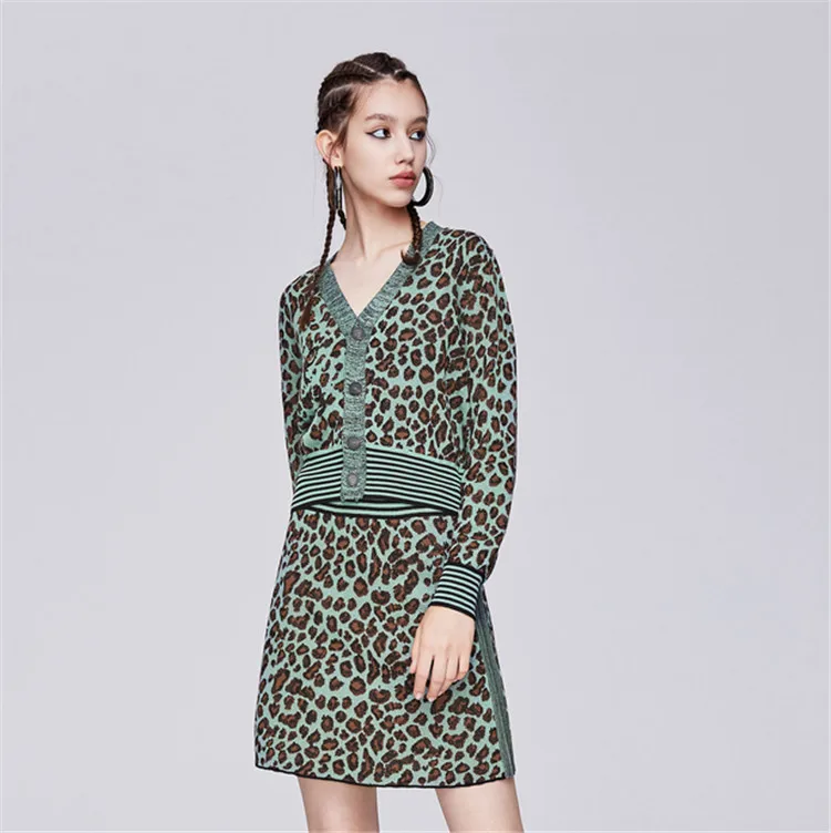 

2019 Fashion Leopard Print Women Sets Runway Long Sleeve Sweaters Cardigans & High Waist Mini Skirt Female Autumn Suits Clothes