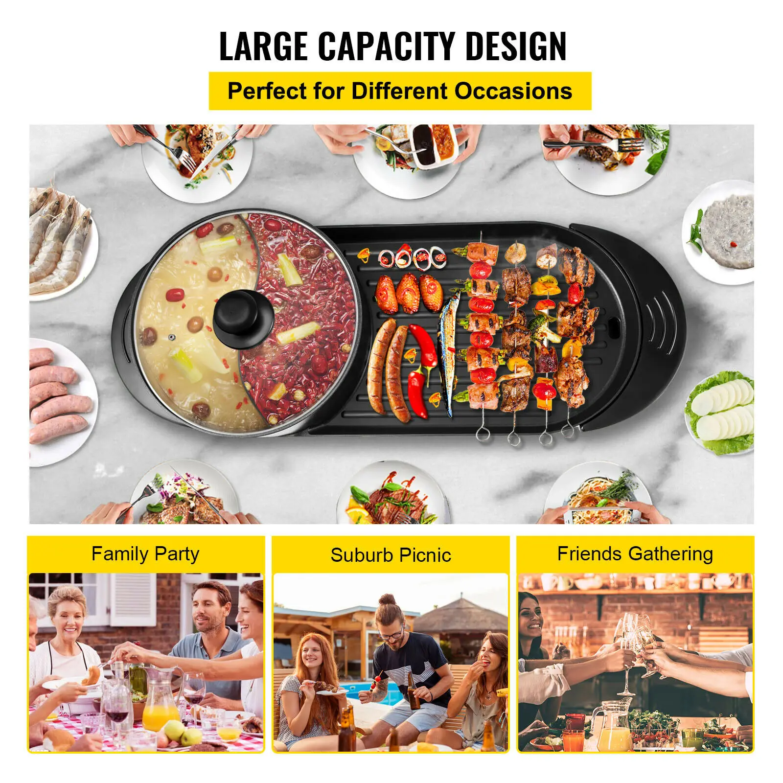 VEVOR 2 in 1 Electric BBQ Pan Grill Hot Pot Portable Smokeless Durable Material Fast Even Heated for Shellfish Vegetables Home 2