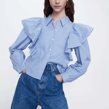 

Spring female casual shirt striped long-sleeved shirt lapel lotus leaf decoration