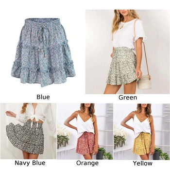

Summer New Skirts Ladies Sexy A-line High Waist Mini Ruffle Floral Printed Casual Short Mini Skirt Beach