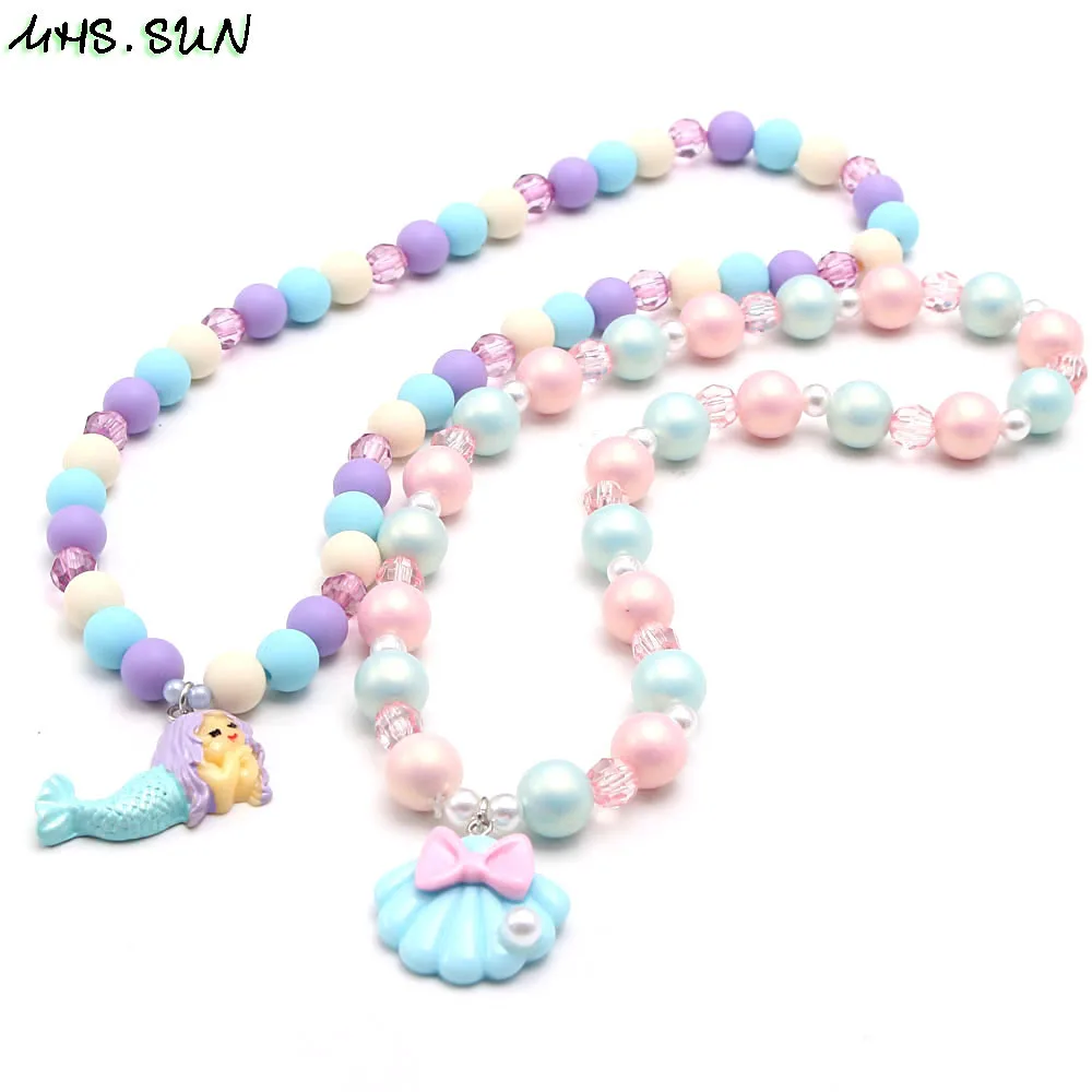MHS.SUN Cute Mermaid/Shell Pendant Beads Necklace Lovely Child/Girls/Kids Bubblegum Elastic Beaded Jewelry For Party | Украшения и