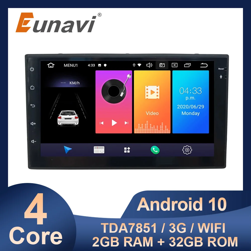 Eunavi 2 din Universal Android 10 Car Radio stereo PC multimedia Player GPS 1024*600 touch screen TDA7851 2DIN