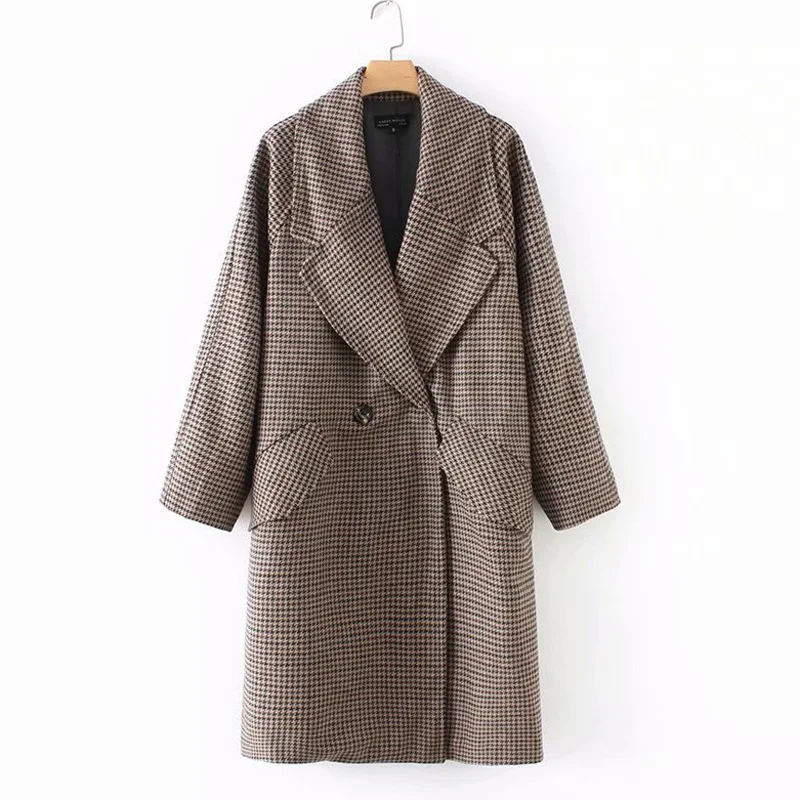 RR шерстяное пальто в ломаную клетку, женские модные куртки с отложным воротником, женские элегантные двубортные пальто для женщин LF - Цвет: AZWL3409