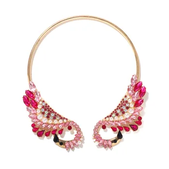 

2020 New Pink Crystal Flamingo Statement Necklace Women Open Adjustable Trendy Fashion Metal Circle Choker Necklace Jewelry Gift
