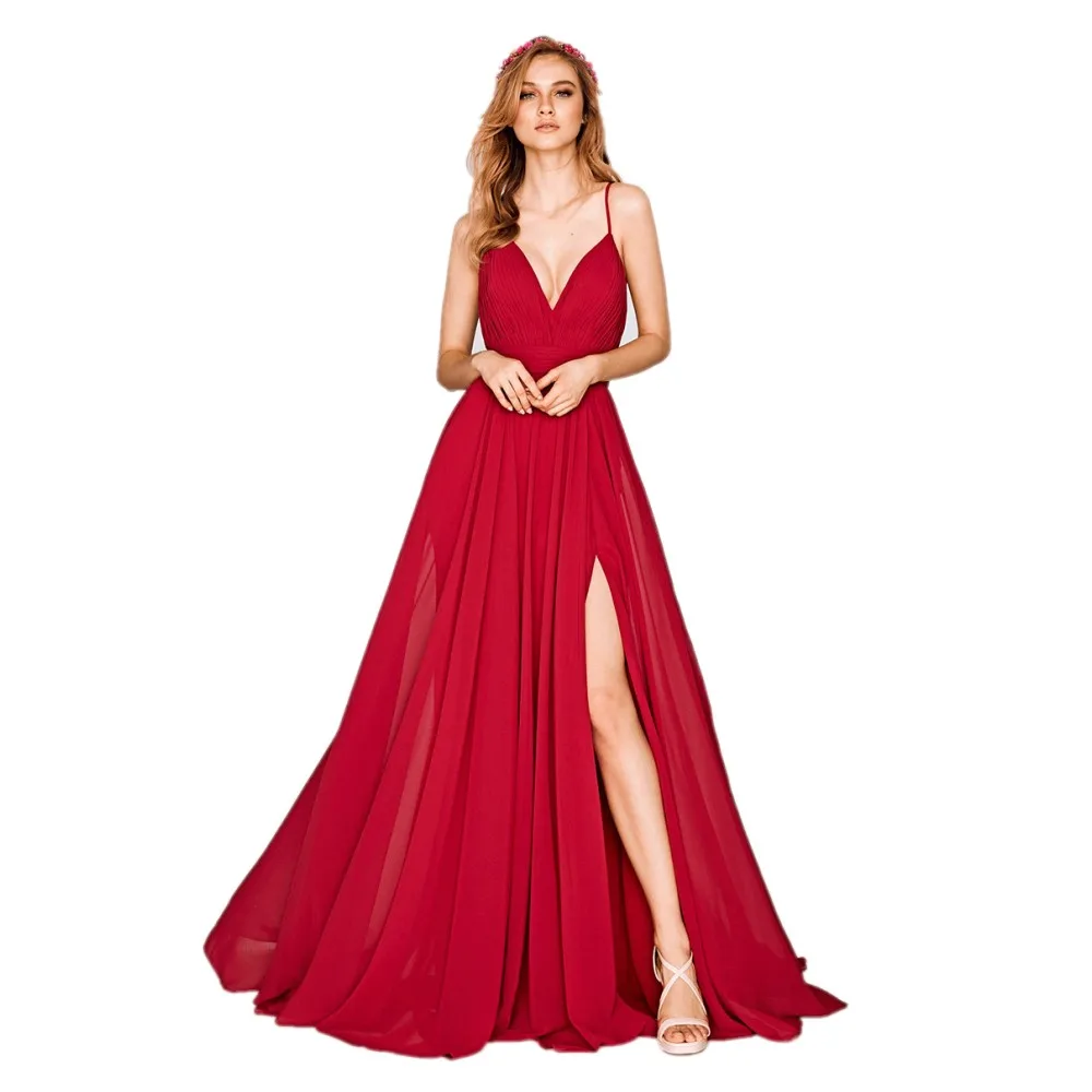 Красное платье без рукавов с v-образным вырезом для выпускного вечера, шифоновое длинное вечернее платье трапециевидной формы - Цвет: Красный