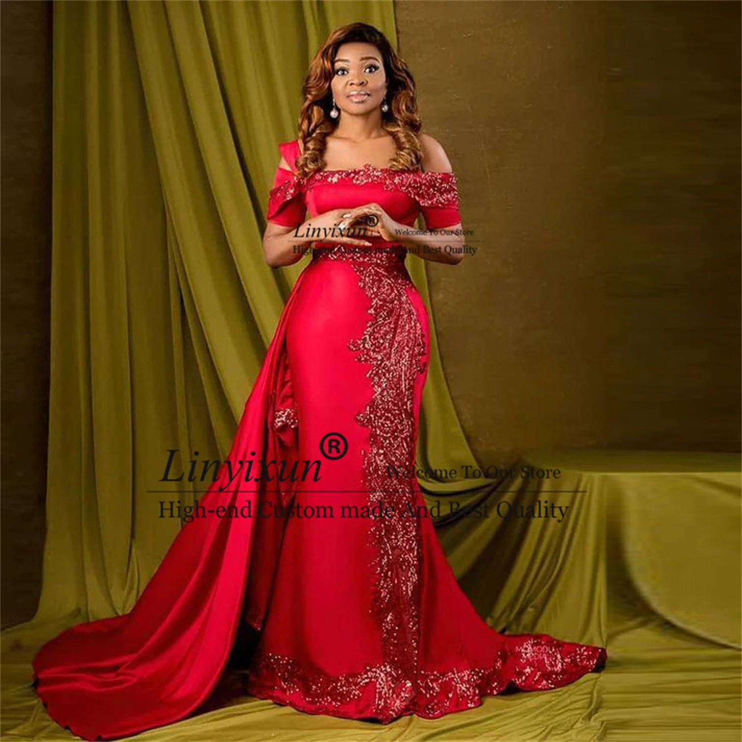 Red Mermaid Prom Dresses Off The Shoulder Short Sleeve Reception Formal Evening Gowns Sequin Lace Appliques Satin robe de soirée | Свадьбы и