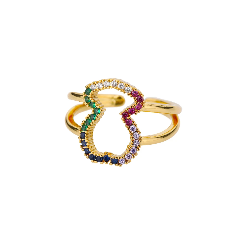 Gold Plated Stainless Steel Adjustable Statement Ring With Colorful Geometric Zircons Design