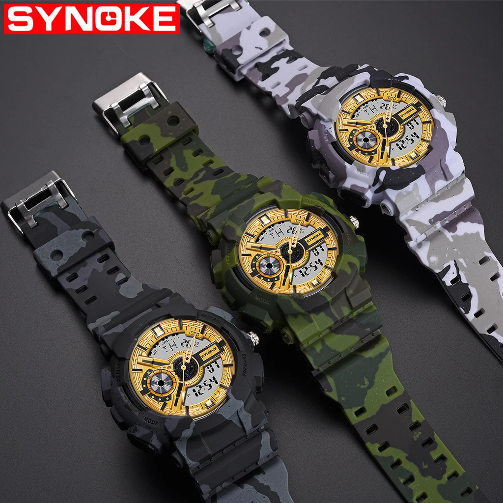 SYNOKE Для мужчин спортивные военные цифровые часы, разноцветное свечение, Водонепроницаемый шок электронный задний светильник двойной Дисплей мужские наручные часы