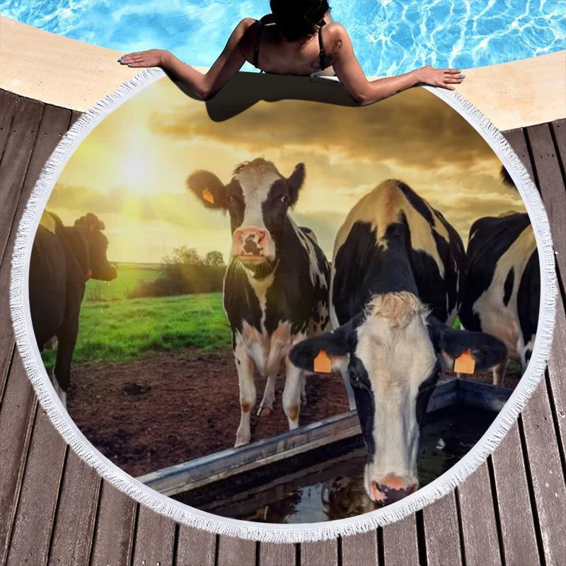 Animal Cow Beach Towels Printed Women's Shawl with Fringe Microfiber Round Fabric Bath For Living Room Home Decorative | Дом и сад