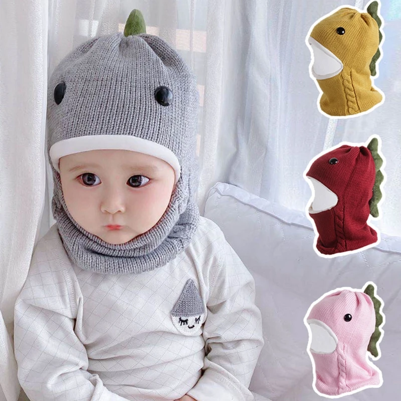 skully with brim Kids Baby Winter Knitted Balaclava Beanie Hat Cute Cartoon Dinosaur Thick Lining Thermal Earflap Hood Scarf Skull Cap plain skully hats