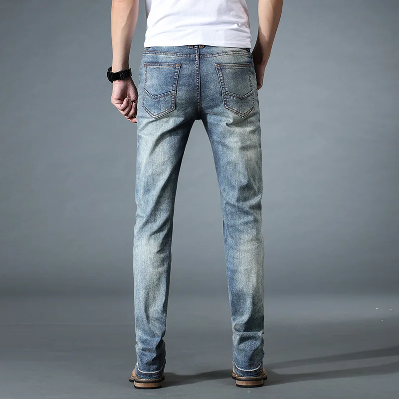 Cowboy Men Trousers Men's Stretch Jeans Male Casual Regular Fit Straight Retro Denim Pant Classic Fashion Clothes Grey Blue