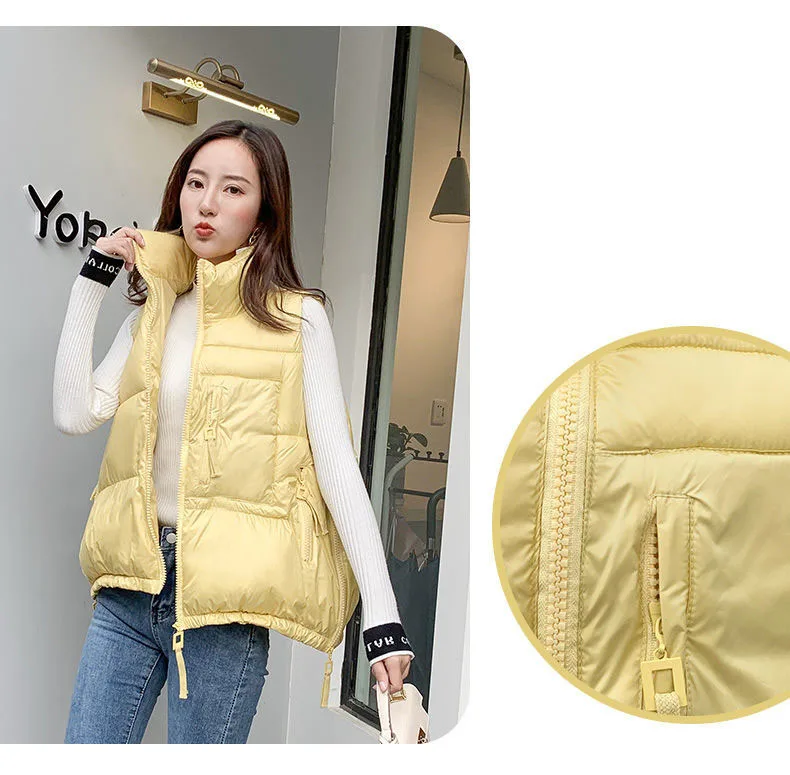 Winter Woman Down Cotton Short Vest Coat Yellow Stand Colloar Sleeveless Jacket Large size Waistcoat Korean Style Gilet Femme petite long puffer coat