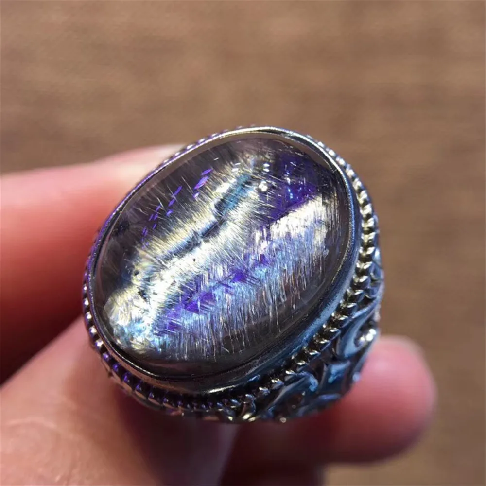 

18x13mm Top Natural Brookite Silver Rutilated Quartz Ring For Woman Man Energy Lucky Crystal Stone Adjustable Ring Jewelry AAAAA