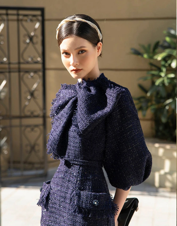 tailor shop winter navy big puffle sleeve tweed female light luxury dress Semi-Formal Dresses princess  autumn sparkly dress