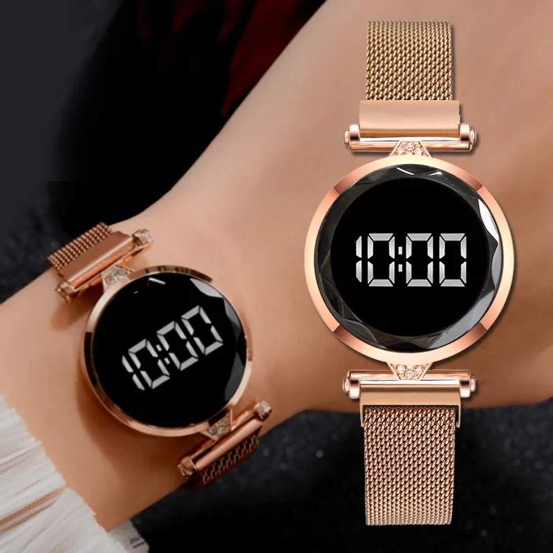 Reloj magnético Digital de lujo para mujer, banda de malla de acero inoxidable, pantalla LED, regalo