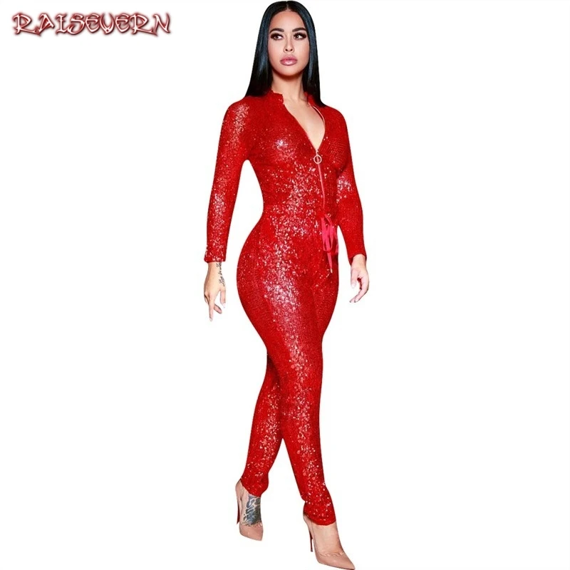 Sexy One Piece Outfits Sequin Jumpsuits Autumn 2019 Long Sleeve V Neck Zipper Red Hollow Out Party Club Rompers Womens Jumpsuit Sexy One Piece Outfits Sequin Jumpsuits Autumn 2019 Long Sleeve V Neck Zipper Red Hollow Out Party Club Rompers Womens Jumpsuit