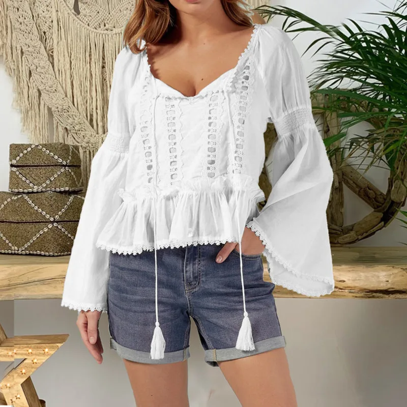 

Spring Autumn Plus Size Ruffle Blouse Women Casual Flare Long Sleeve Round Neck Lace Patchwork Ladies White Tops 5xl
