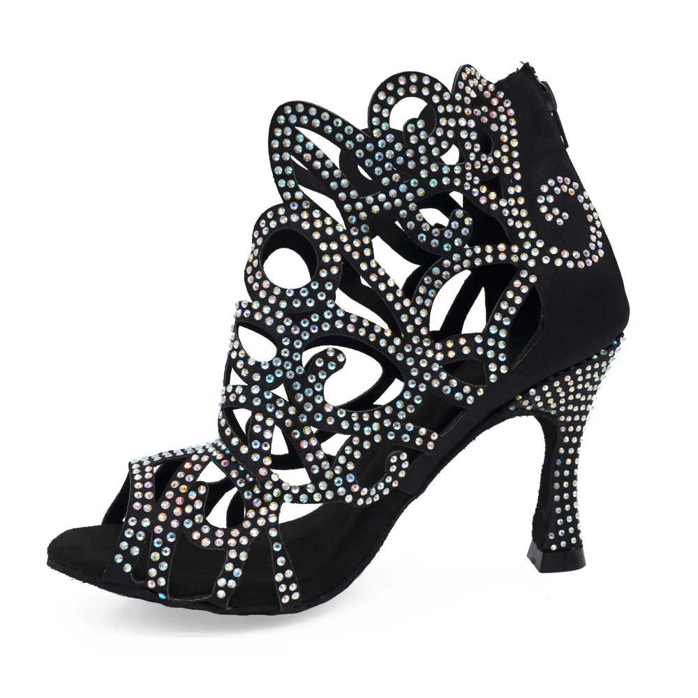 Evkoodance Wedding Party Dance Shoes Black Satin Rhinestones Latin Dance Shoes Woman Soft Bottom Sex Salsa Dance Shoes Lady picture