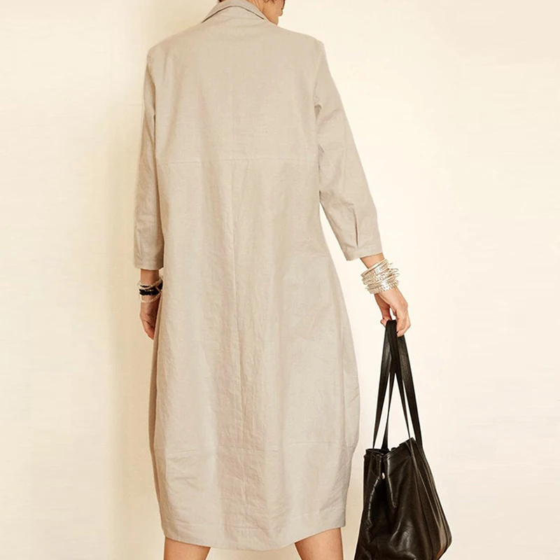 Beste ZANZEA Vrouwen Lange Mouwen Plain Jurk Casual Lange Shirt Jurken Turn Down Kraag Katoen Effen Baggy Vestidos Office Gewaad Femme