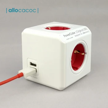 

Allocacoc Power Strip USB Charger EU Plug PowerCube 4 Sockets 16A 250V 3680W 2 USB Ports 5V 2.1A Travel Plug Extension Adapter