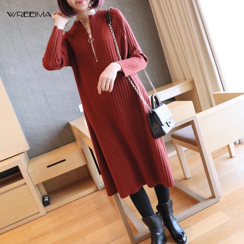Best Price wreeima 2019 Long Sweater Dress for Winter Thick Thermal Full Sleeve Warm Women Knitted Pullover Loose Casual black red Khaki