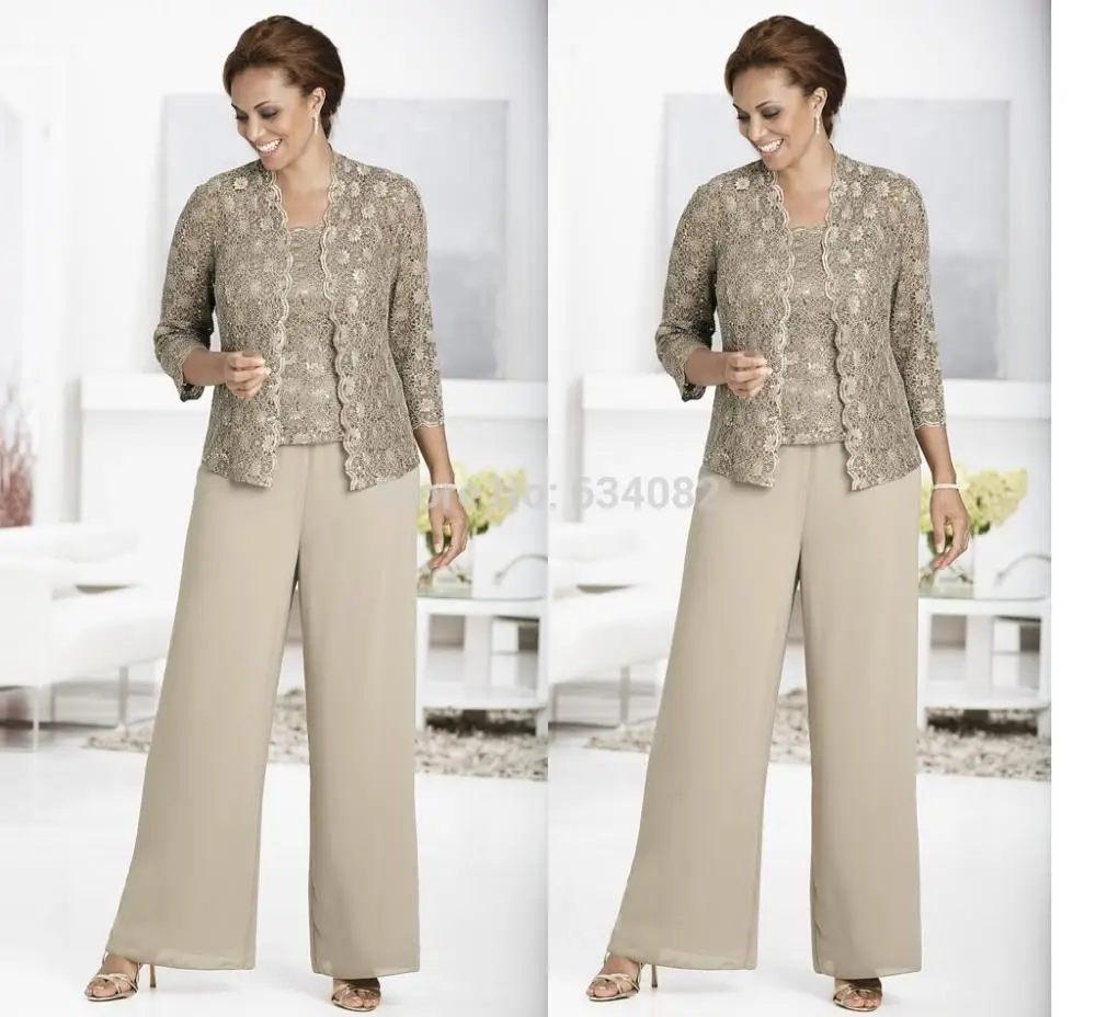 

Three-piece Pant Set Ankle-Length Lace and Chiffon Mother of the Bride lace Pant Suits with jacket Queen Anne Neckline 2015