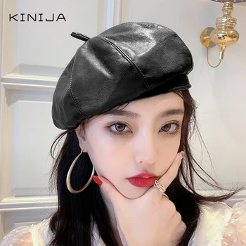 

New Korean autumn and winter British retro Beret painter's full matching female PU leather octagonal painter's hat Design hat