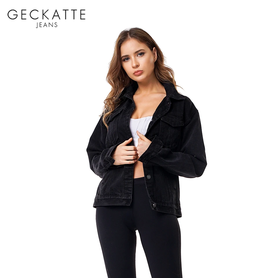 

GECKATTE Fall 2019 Black High Street Loose Jacket Woman Harajuku Oversized Denim Jean Jackets Female Korean Outwear Clothing