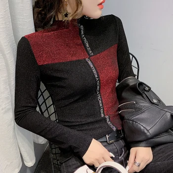 

European Clothes Patchwork Shiny T-shirt Women 2019 New Autumn Winter Color Blocking Tops Ropa Mujer Bottoming Shirt Tees T9N807